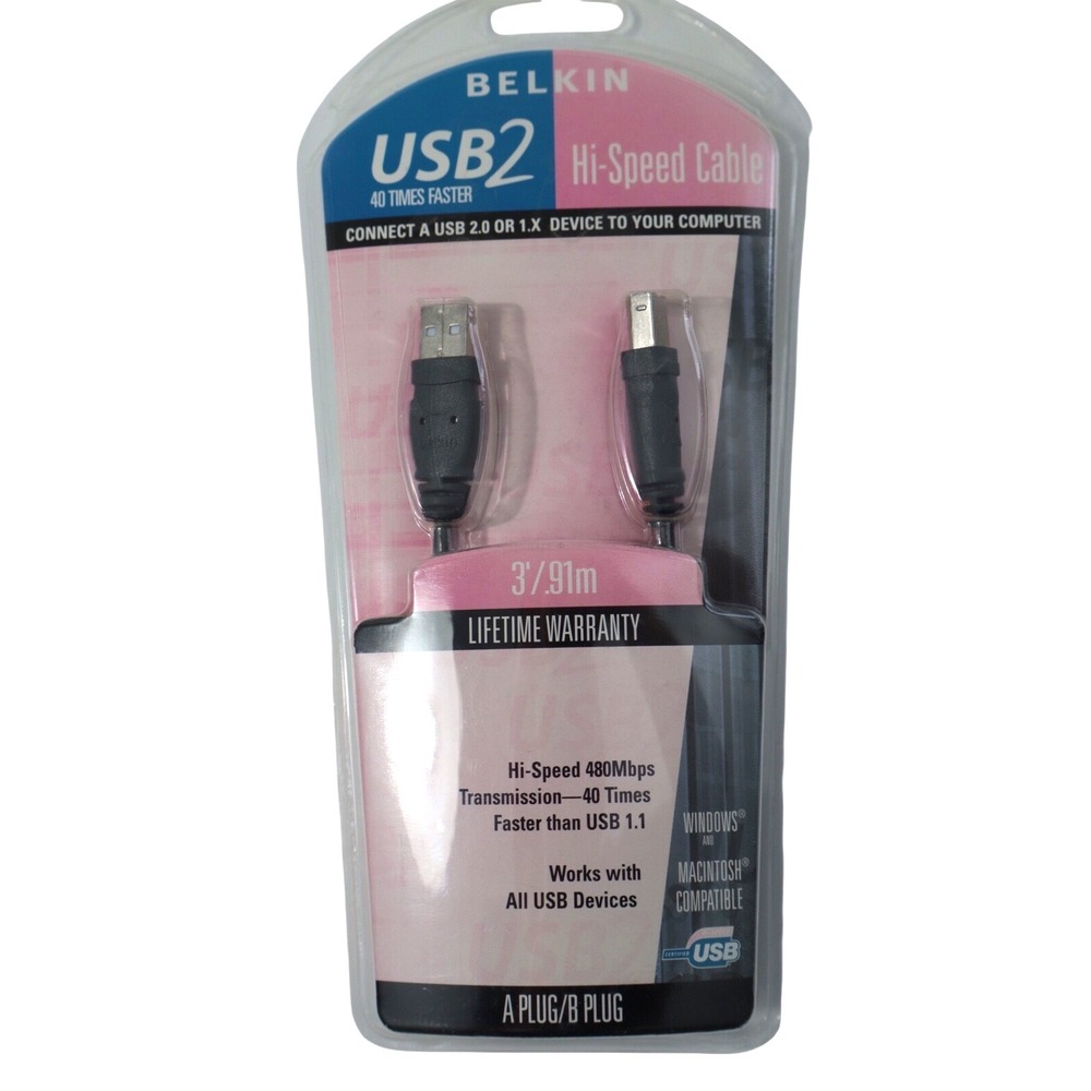 Belkin USB2 Hi-Speed Cable 480‎ Mbps F3U133-03, A/B Plug, MAC, PC